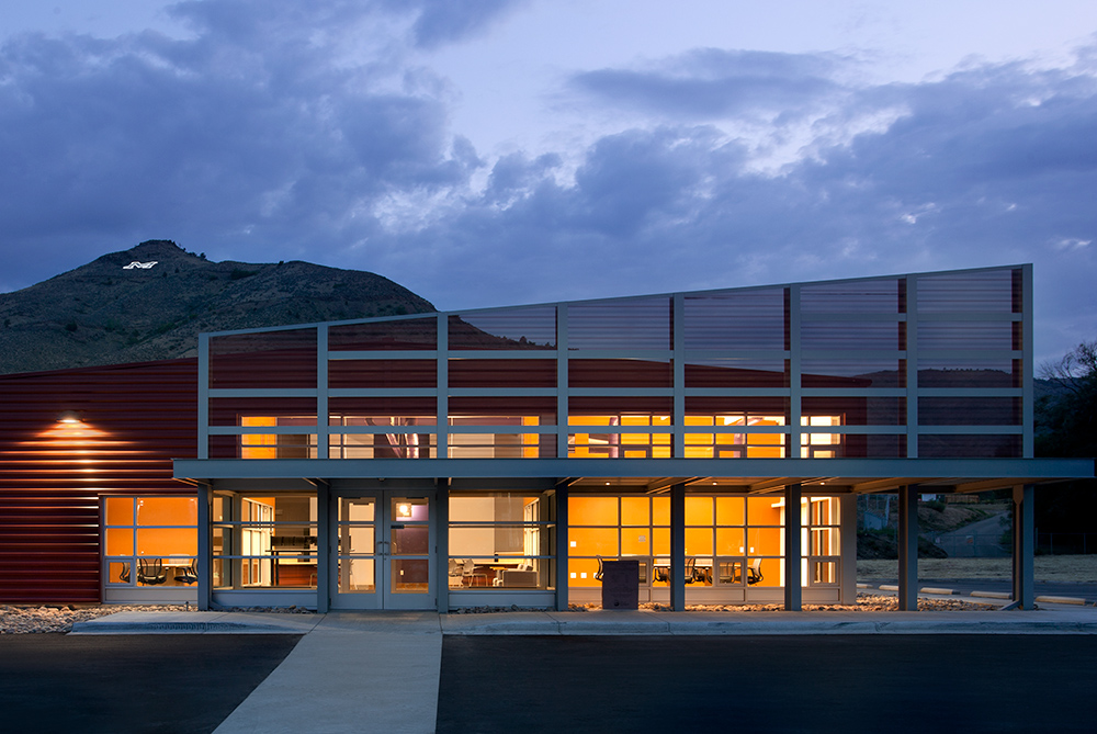 Golden Colorado public works building pictured in the evening